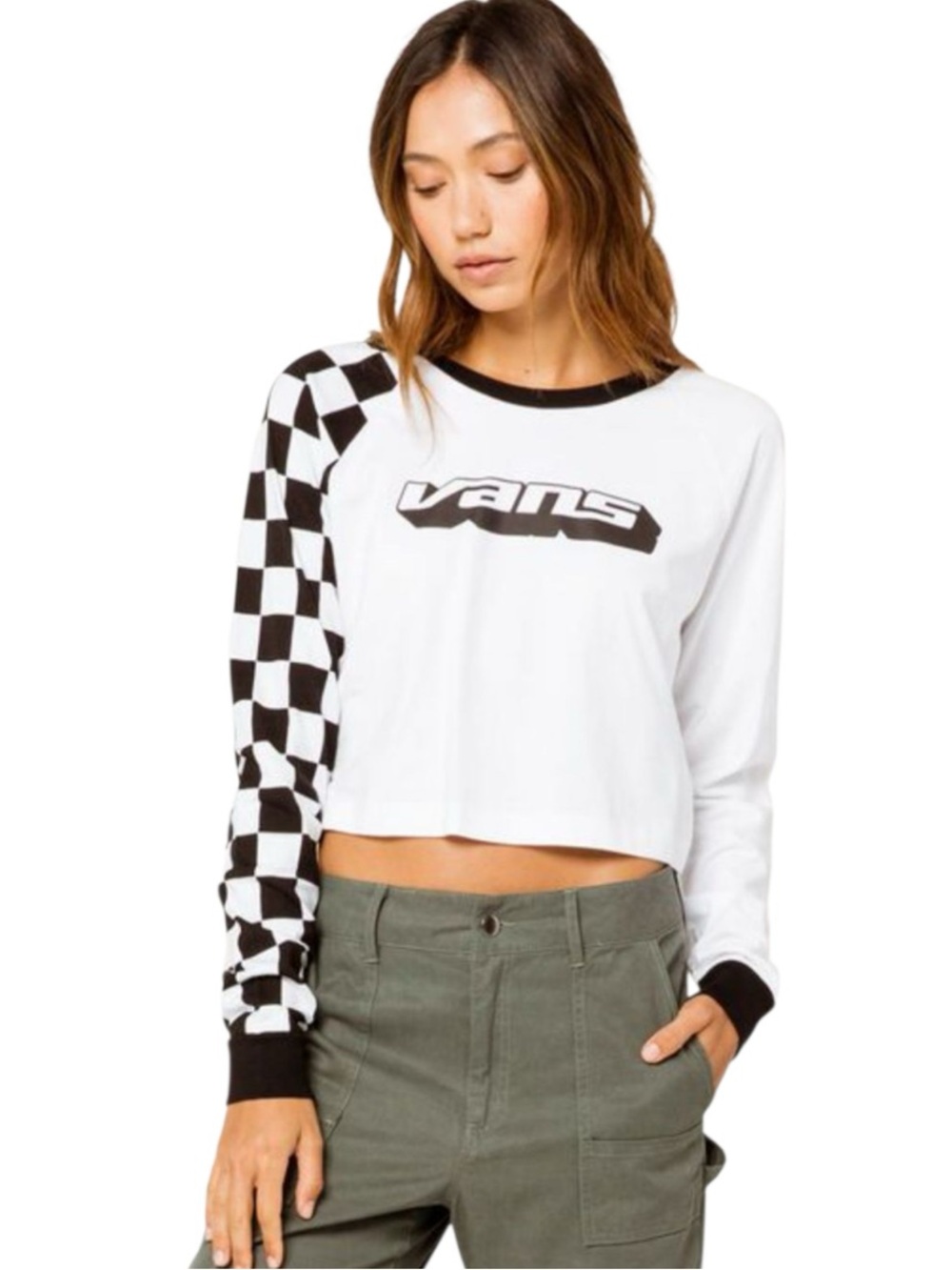 Vans White Cropped Long Sleeve Top with Black Checkerboard Sleeve